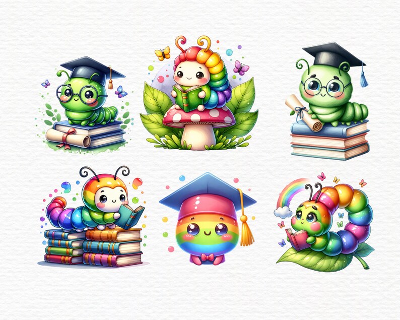 May include: Six illustrations of cute cartoon caterpillars wearing graduation caps and reading books. The caterpillars are green, rainbow, and red with black eyes and smiling faces. They are sitting on stacks of books and surrounded by flowers and rainbows.