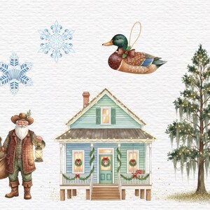 May include: Watercolor illustration featuring a Christmas theme. Includes a blue house with wreaths, a Santa Claus figure, a duck ornament, snowflakes, and a tree with lights. The overall color palette is soft and festive.