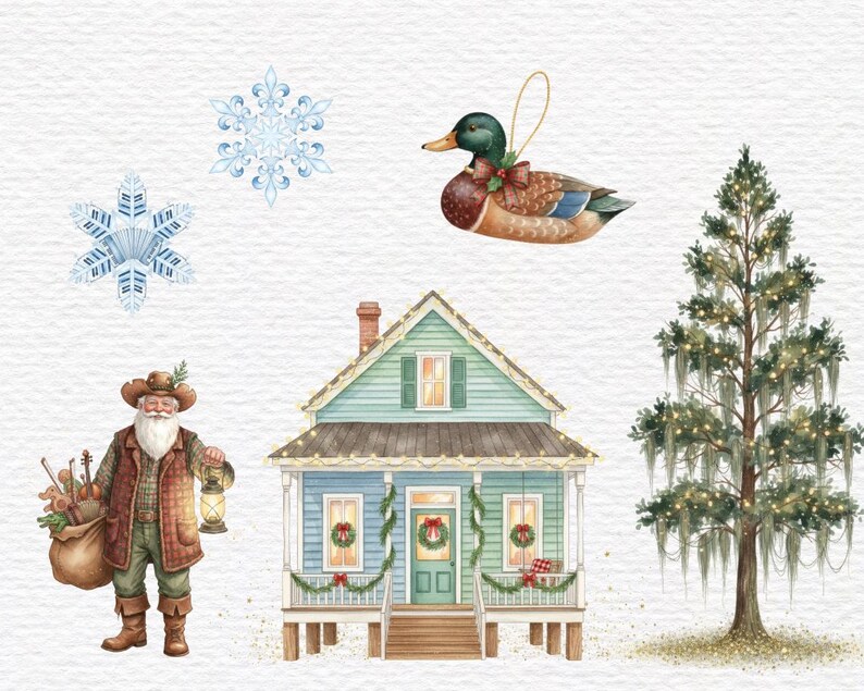 May include: Watercolor illustration featuring a Christmas theme. Includes a blue house with wreaths, a Santa Claus figure, a duck ornament, snowflakes, and a tree with lights. The overall color palette is soft and festive.