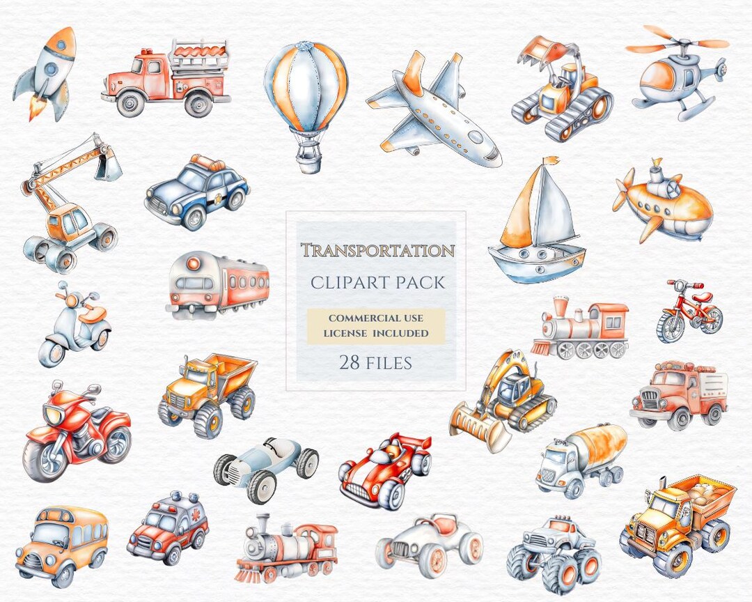 Public Transport Vehicles Clipart, Planner Stickers, Watercolour ...