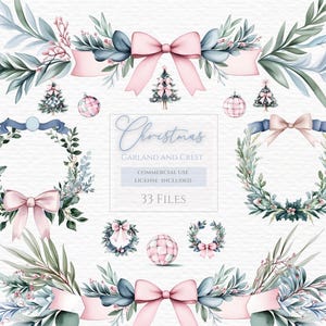 Ghirlanda con fiocco rosa, clipart acquerello, cornice acquerello, ghirlanda acquerello, Natale vintage, Natale preppy, clipart natalizie.