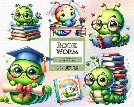 Watercolor caterpillar clipart, Book Worm Clipart, Teacher Clipart, Cute Caterpillar, Back to School, Cute Bookworm, Journal Stickers