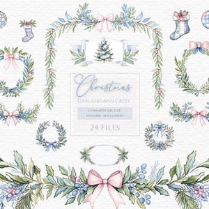 Garland pink bow, watercolor clipart, preppy clipart, watercolor frame, watercolor wreath, vintage Christmas, Christmas card, coquette png.
