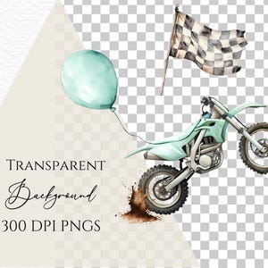May include: A watercolor illustration of a green dirt bike with a checkered flag and a light blue balloon. The bike is in mid-air with one wheel in the dirt.