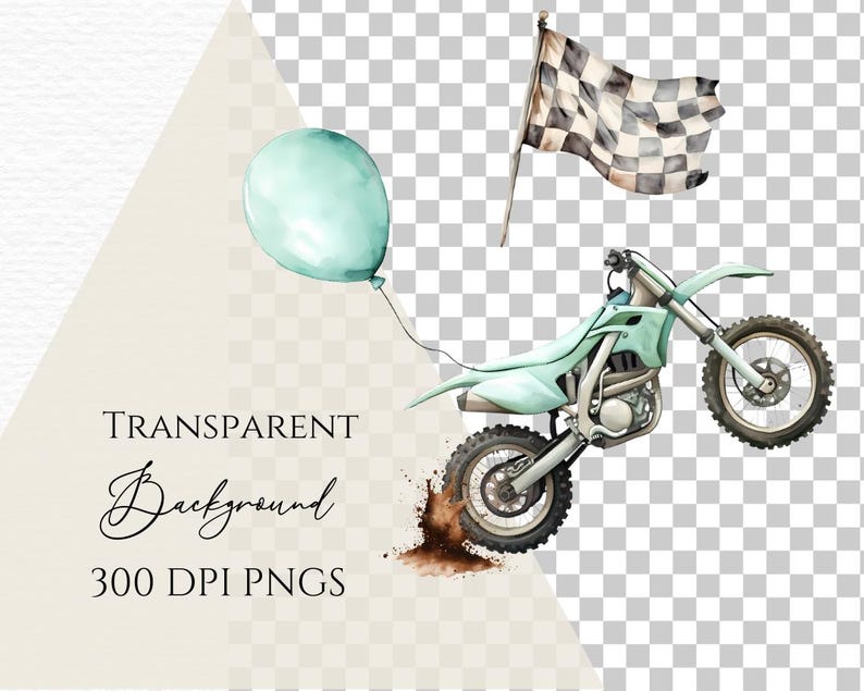 May include: A watercolor illustration of a green dirt bike with a checkered flag and a light blue balloon. The bike is in mid-air with one wheel in the dirt.
