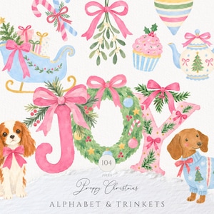 May include: A watercolor collection featuring the word JOY with a wreath as the letter O, decorated with pink bows, pine branches, and ornaments. Includes a sleigh, cupcake, teapot, candy cane, mistletoe, and two dogs with bows.
