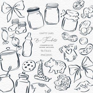 Puede incluir: Una colección de ilustraciones de líneas oscuras con frascos vacíos, artículos para bebés, animales y lazos. El texto dice: EMPTY JARS & Trinkets, COMMERCIAL USE LICENSE INCLUDED, 56 FILES, PNG|SVG. Los dibujos incluyen una olla, biberón, body, jirafa y león.