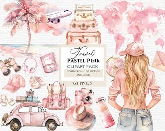 Voyage aquarelle clipart thème girly rose. Apprenez-en plus dans la description ci-dessous.