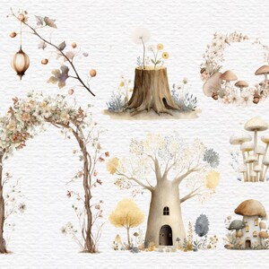 May include: Watercolor illustrations of whimsical forest elements. The image features a tree stump with flowers, a floral arch, a wreath with mushrooms, and a tree with a door. The color palette includes soft browns, creams, and yellows.