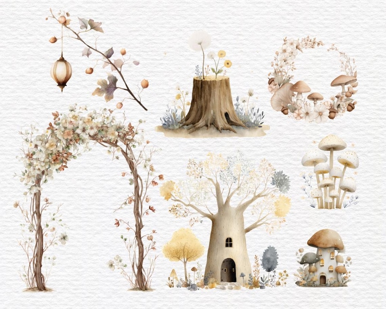 May include: Watercolor illustrations of whimsical forest elements. The image features a tree stump with flowers, a floral arch, a wreath with mushrooms, and a tree with a door. The color palette includes soft browns, creams, and yellows.