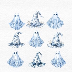 K&ouml;nnte beinhalten: Neun Aquarell-Illustrationen von blauen und wei&szlig;en Geistern und Hexenh&uuml;ten mit Blumenmustern. Die Geister tragen blaue und wei&szlig;e, mit Blumen gemusterte Roben und die Hexenh&uuml;te haben einen blauen und wei&szlig;en, mit Blumen gemusterten Rand und eine Krone.