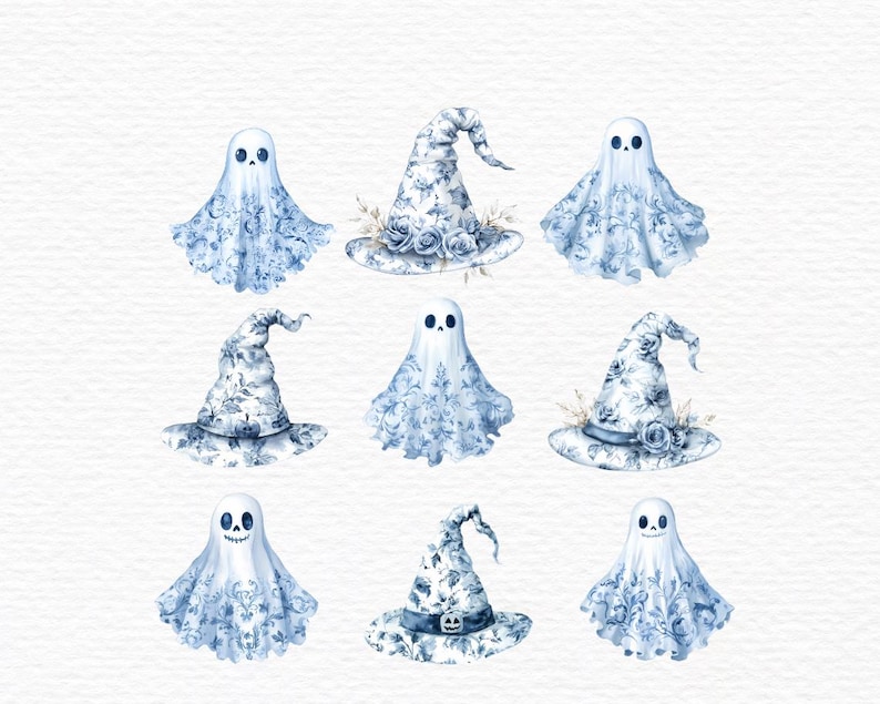 K&ouml;nnte beinhalten: Neun Aquarell-Illustrationen von blauen und wei&szlig;en Geistern und Hexenh&uuml;ten mit Blumenmustern. Die Geister tragen blaue und wei&szlig;e, mit Blumen gemusterte Roben und die Hexenh&uuml;te haben einen blauen und wei&szlig;en, mit Blumen gemusterten Rand und eine Krone.