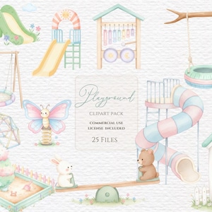 May include: Watercolor illustrations of playground equipment, including slides, swings, and a seesaw. The images feature pastel colors and a whimsical design, with a butterfly spring rider and a small house.