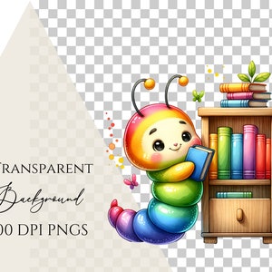 May include: A colorful rainbow caterpillar with a smiling face holds a blue book in its arms. The caterpillar is standing next to a wooden bookshelf with colorful books on the shelves.