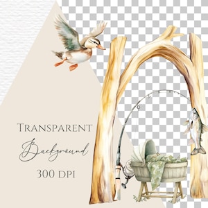 May include: A watercolor illustration featuring a flying duck, a wooden archway, a fishing rod, and a bassinet with camouflage fabric. A fish hangs from the right side of the arch. The text reads Transparent Background 300 DPI.