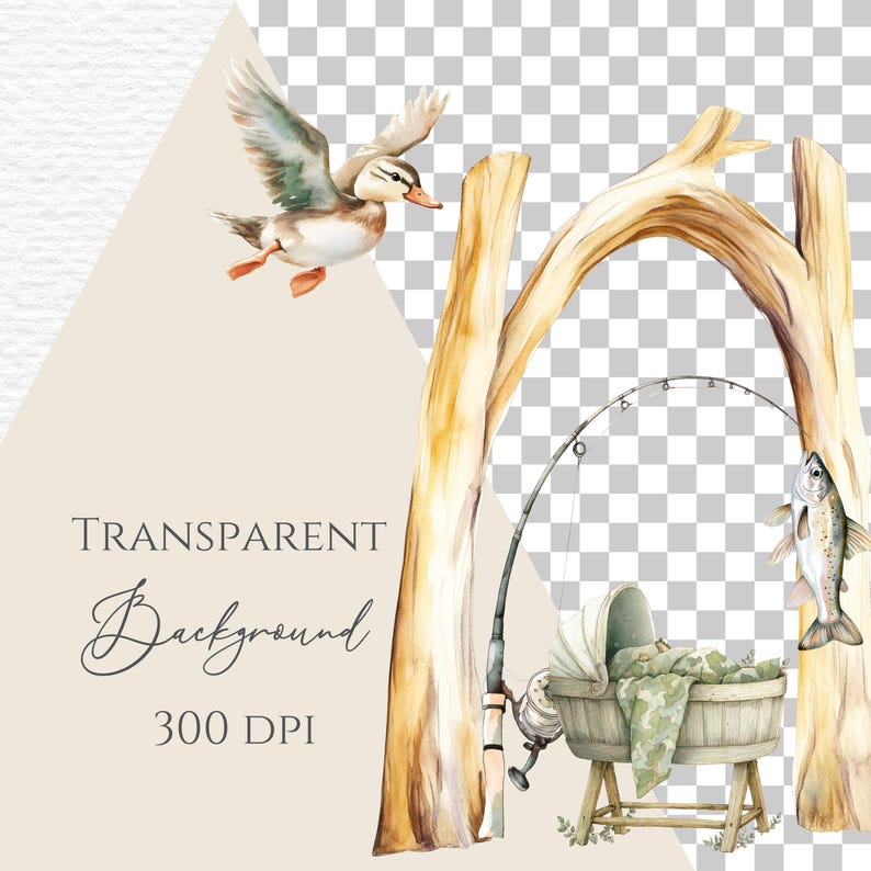 May include: A watercolor illustration featuring a flying duck, a wooden archway, a fishing rod, and a bassinet with camouflage fabric. A fish hangs from the right side of the arch. The text reads Transparent Background 300 DPI.