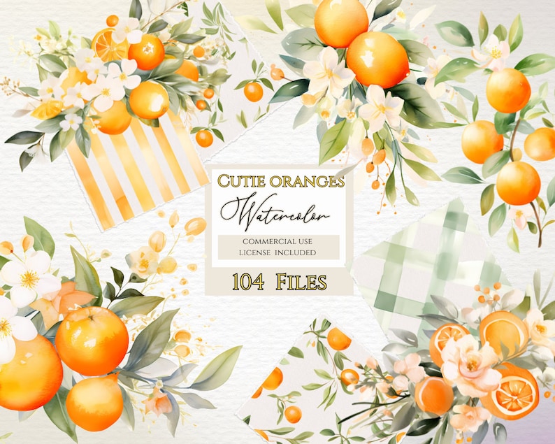May include: Watercolor illustration featuring bright orange oranges, white flowers, and green leaves. The image includes the text "Cutie Oranges Watercolor" and "104 Files". The design has a fresh, summery feel.