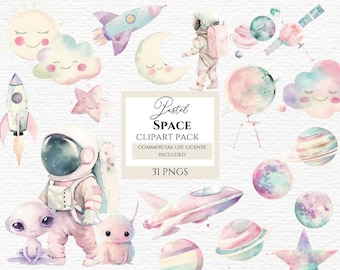 May include: Pastel watercolour clipart set featuring an astronaut, planets, stars, rockets, clouds, and a crescent moon. The set includes 31 PNG files and is for commercial use.
