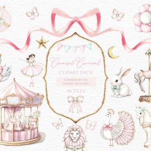 Aquarelle de carrousel, clipart chevaux, cheval de carrousel, art de pépinière de carrousel, png de baby shower, clipart de carnaval, poney de carrousel, clipart de printemps.