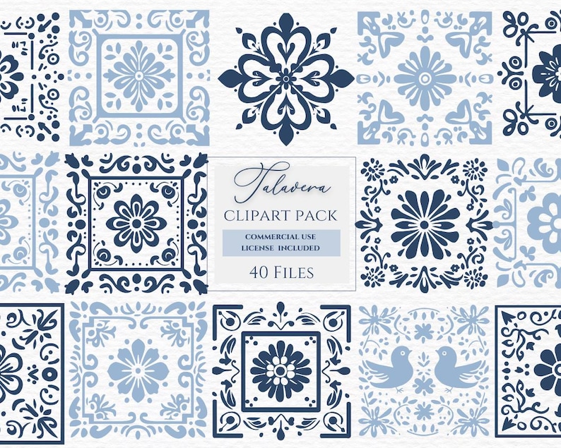 May include: A set of 40 blue and white Talavera tile clip art designs. The tiles feature floral patterns, geometric shapes, and birds. The text "Talavera Clipart Pack" is written in a decorative font.