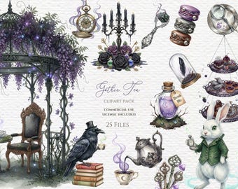 Gothic tea party clipart watercolor, gothic teacup png, Halloween teacup, witchy drink, tea party, tea time clipart, spooky crow raven.