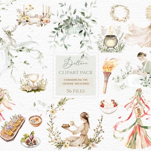 Beltane clipart, wheel of the year, pagan goddess, watercolor clipart, fire dancing, wicca wiccan, witchy, medieval, maypole clipart.