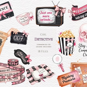 May include: A set of watercolour illustrations with a detective theme. Includes a cassette tape, teacup, TV, banner, skull, popcorn, magnifying glass, books, and a ticket. The colour palette is pink, black, and white.