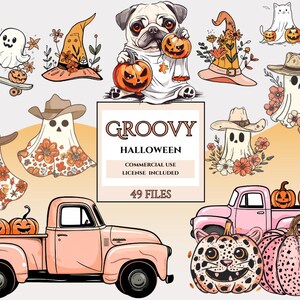 Può includere: Un set di 49 illustrazioni digitali con un tema di Halloween groovy. Le illustrazioni includono fantasmi, zucche, streghe, un camioncino e un carlino. Le illustrazioni sono in stile vintage con una tavolozza di colori arancio, rosa e marrone.