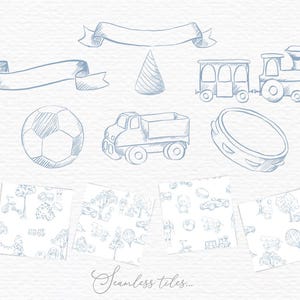 Puede incluir: Ilustraciones en tonos azules de juguetes y elementos decorativos. Incluye un tren, un cami&oacute;n, un bal&oacute;n de f&uacute;tbol, una pandereta y pancartas. El texto "Seamless tiles..." est&aacute; en la parte inferior.