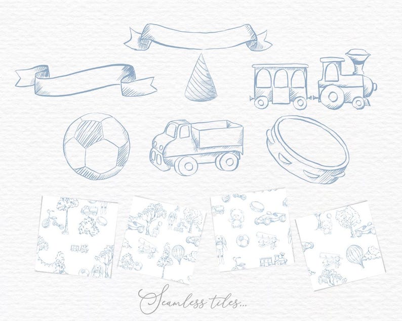 Puede incluir: Ilustraciones en tonos azules de juguetes y elementos decorativos. Incluye un tren, un cami&oacute;n, un bal&oacute;n de f&uacute;tbol, una pandereta y pancartas. El texto "Seamless tiles..." est&aacute; en la parte inferior.