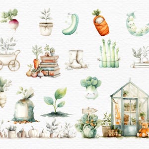 May include: Watercolor illustrations of garden elements, including a radish, potted plants, a cucumber, a baby wrapped in a carrot, and a pea pod with faces. Other elements include a wheelbarrow, books, boots, asparagus, and a greenhouse.