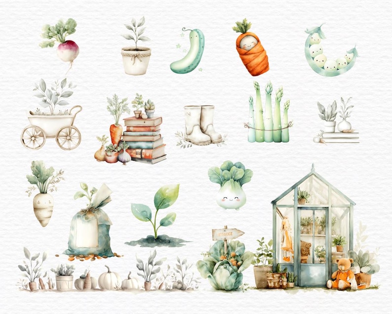 May include: Watercolor illustrations of garden elements, including a radish, potted plants, a cucumber, a baby wrapped in a carrot, and a pea pod with faces. Other elements include a wheelbarrow, books, boots, asparagus, and a greenhouse.