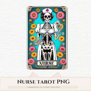 Verpleegkundige tarotkaart png. De verpleegkundige tarotkaart, suikerschedeltarot, tarotkaartontwerp, verpleegsterskelet, tarot-T-shirtontwerp, grappige tarotkaart, ontwerp png
