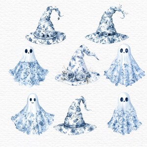 K&ouml;nnte beinhalten: Neun Aquarell-Illustrationen von blauen und wei&szlig;en Hexenh&uuml;ten und Geistern. Die H&uuml;te haben ein Blumenmuster und die Geister haben ein Blumenmuster auf ihren Gew&auml;ndern. Die Illustrationen sind perfekt f&uuml;r Halloween-Bastelarbeiten und Dekorationen.