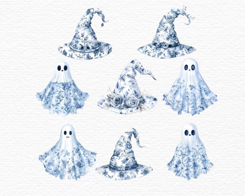 K&ouml;nnte beinhalten: Neun Aquarell-Illustrationen von blauen und wei&szlig;en Hexenh&uuml;ten und Geistern. Die H&uuml;te haben ein Blumenmuster und die Geister haben ein Blumenmuster auf ihren Gew&auml;ndern. Die Illustrationen sind perfekt f&uuml;r Halloween-Bastelarbeiten und Dekorationen.