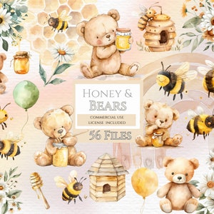 Clipart ours et abeille, clipart abeille, petit animal PNG, future maman, clipart chambre d'enfant, clipart bébé, clipart aquarelle, bourdon