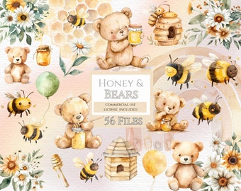 Bär und Biene Clipart, Honigbiene Clipart, kleines Tier PNG, Mama zu sein, Kinderzimmer Clipart, Baby Clipart, Aquarell Clipart, Hummel