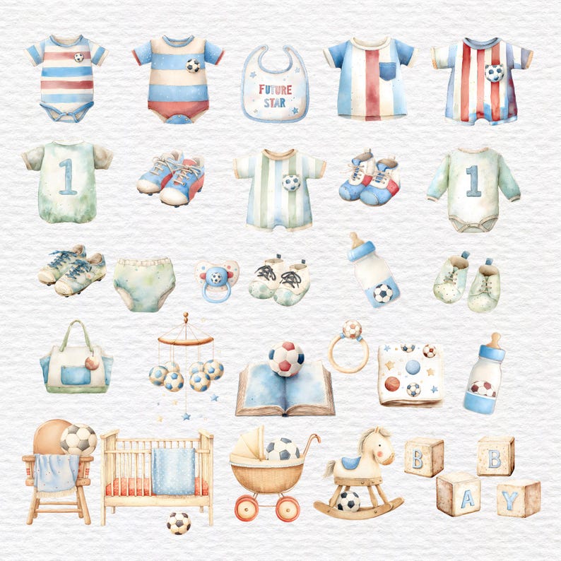 May include: Watercolor illustration of baby items with a soccer theme. Includes onesies, bib, shoes, a diaper, pacifier, baby bottles, a diaper bag, a mobile, a book, a rattle, a blanket, blocks, a crib, a stroller, and a rocking horse.