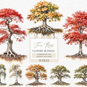 May include: A digital clipart bundle of 15 watercolour illustrations of trees with exposed roots. The trees are in various shades of red, orange, yellow, green, and brown. The text "Tree Roots" is written in cursive on a white rectangle with a brown border. The text "Clipart Bundle" is written in black below the title. The text "Commercial Use License Included" is written in black below the title. The text "15 Files" is written in black below the title.