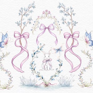 May include: Watercolor illustration featuring a white bunny with a pink bow, surrounded by floral wreaths, ribbons, and butterflies. Delicate branches with blue leaves and pink bows add to the whimsical design. A dragonfly is also included.