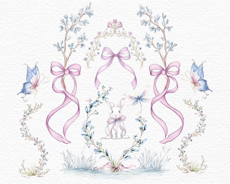 May include: Watercolor illustration featuring a white bunny with a pink bow, surrounded by floral wreaths, ribbons, and butterflies. Delicate branches with blue leaves and pink bows add to the whimsical design. A dragonfly is also included.