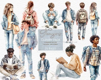 Teenage boy clipart, Teenagers png, Denim Fashion png, Commercial Use, Watercolor Clipart, Clipart Image, People Clipart, college student
