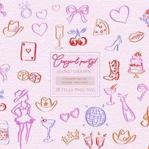 Cowgirls und Cocktails Clipart, Junggesellinnenabschiedswochenende, Junggesellinnenabschied, Junggesellinnenabschiedslogo, handgezeichnete Doodles, Cowgirl-Bachclub.