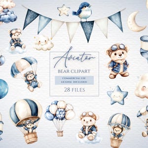 Piccolo aviatore, clipart png, orso viaggiatore, orsacchiotto volante, all'orso piace volare, aereo cielo nuvola, palloncino paracadute, simpatico aviatore.