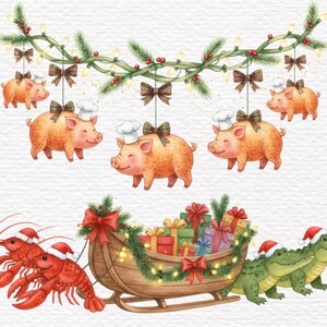May include: Watercolor illustration featuring festive pigs wearing chef hats and bows, alongside a sleigh filled with gifts, pulled by alligators. Red lobsters wear Santa hats. A Christmas-themed design with a whimsical touch.