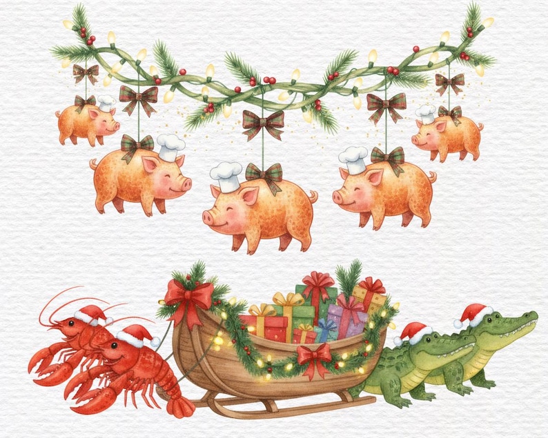 May include: Watercolor illustration featuring festive pigs wearing chef hats and bows, alongside a sleigh filled with gifts, pulled by alligators. Red lobsters wear Santa hats. A Christmas-themed design with a whimsical touch.