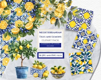 Watercolor Mediterranean Clipart: Tiles & Lemons (PNG)