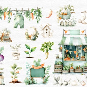 May include: Watercolor illustration featuring a farmer's market with various vegetables, a baby carriage, and a clothesline with overalls and carrots. Other elements include a birdhouse, boots, and a sign.