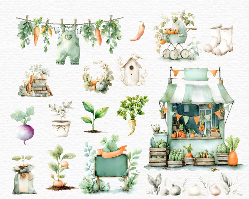 May include: Watercolor illustration featuring a farmer's market with various vegetables, a baby carriage, and a clothesline with overalls and carrots. Other elements include a birdhouse, boots, and a sign.