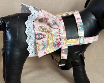 Könnte beinhalten: Ein rosa Hundegeschirr mit passendem Rock. Das Geschirr hat ein Muster aus Osterhasen, Geschenken und Text auf rosa Hintergrund. Der Rock hat eine weiße Spitzenborte.